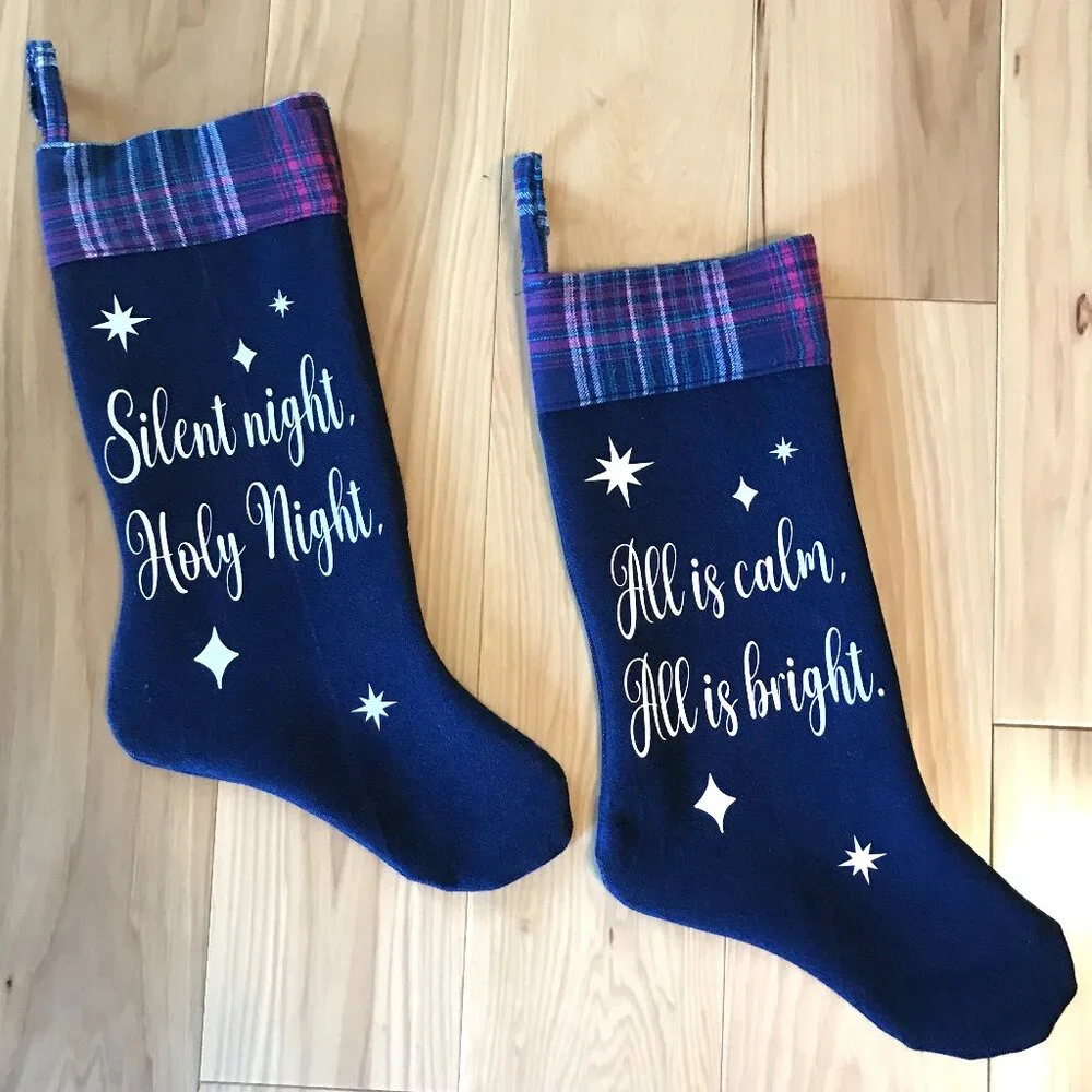 Denim Christmas Stocking, Old Fashioned Holiday Home Decor Silent Night Lyrics
